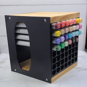 Copic marker storage. Wine rack, foam board, double sided tape, and wood  print scrap book paper to cover …