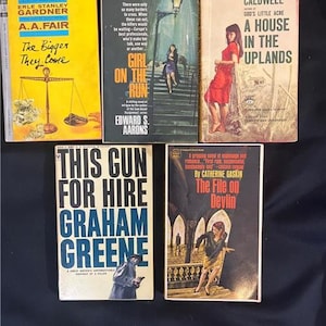 FREE SHIP 5 Vintage 1960s Noir Crime Paperbacks Graham Greene, Erskin Caldwell, Catherine Gaskin,  Edward Aarons, Earl Stanley Gardner