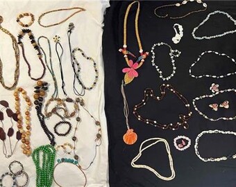 Full Jewelry/Storage Box 36 Spring Vintage Natural Material Boho Beach Glass Shell Cowrie Wood Bundle Necklaces Bracelets Earrings Pins More