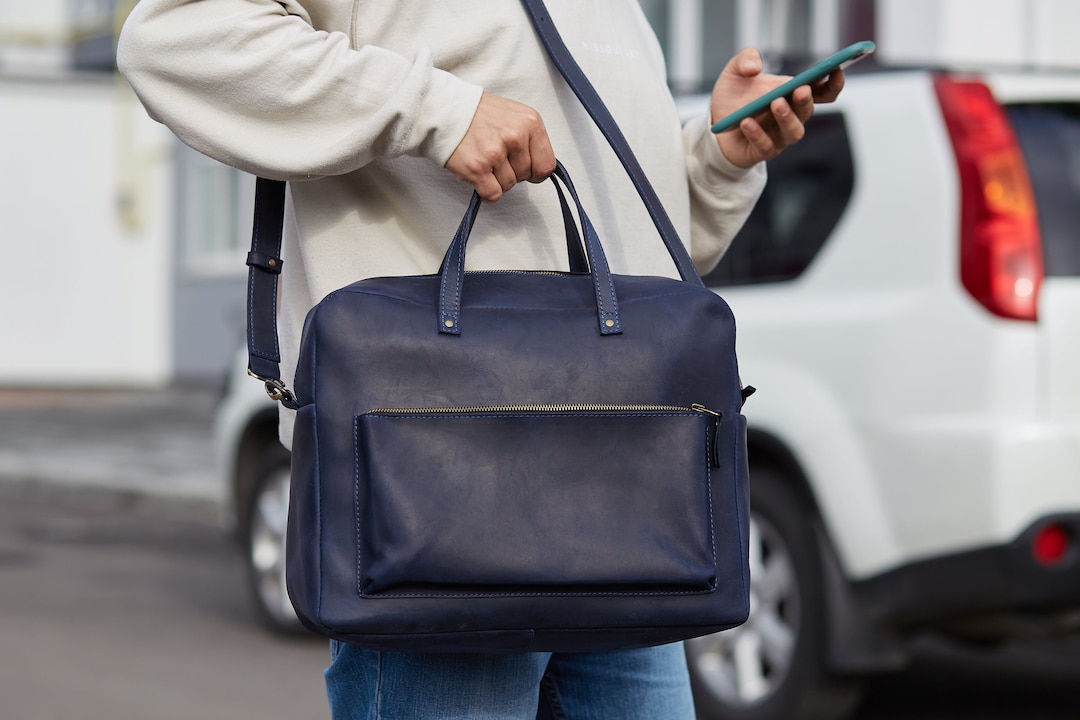 Blue Leather Briefcase Duffel Bag, Weekender Bag Men, Weekender Bag