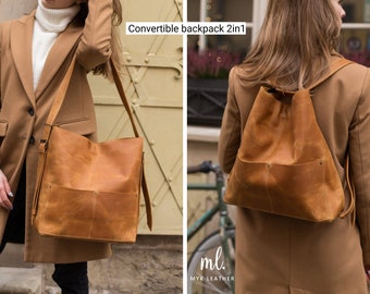 Sac à dos convertible en cuir pour ordinateur portable pour femme à monogramme porté épaule de voyage 13, 14, 15, 16 pouces minimaliste élégant