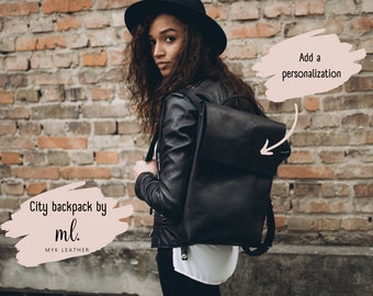 Genuine leather hipster backpack in aesthetic rucksack style, personalized MacBook Pro and Air city bag