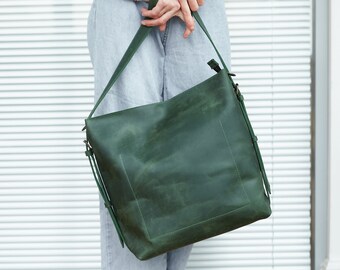 Green Leather Messenger Shoulder Bag Leather Convertible Backpack Purse Crossbody Bag Leather Tote Laptop Bag