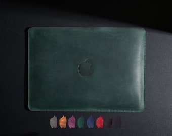 Minimalistic Macbook Air, Macbook Pro 14 inch M1 Sleeve, 13 inch, 15 inch, 16 inch, in green color made of genuine leather with Apple logo