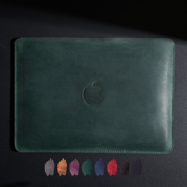 Minimalistic Macbook Air, Macbook Pro 14 inch M1 Sleeve, 13 inch, 15 inch, 16 inch, in green color made of genuine leather with Apple logo