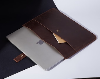 Personalized Leather Macbook Air 13 Case Macbook Pro 16 Sleeve Custom Leather Laptop Bag with Pocket | 2024 Macbook Case