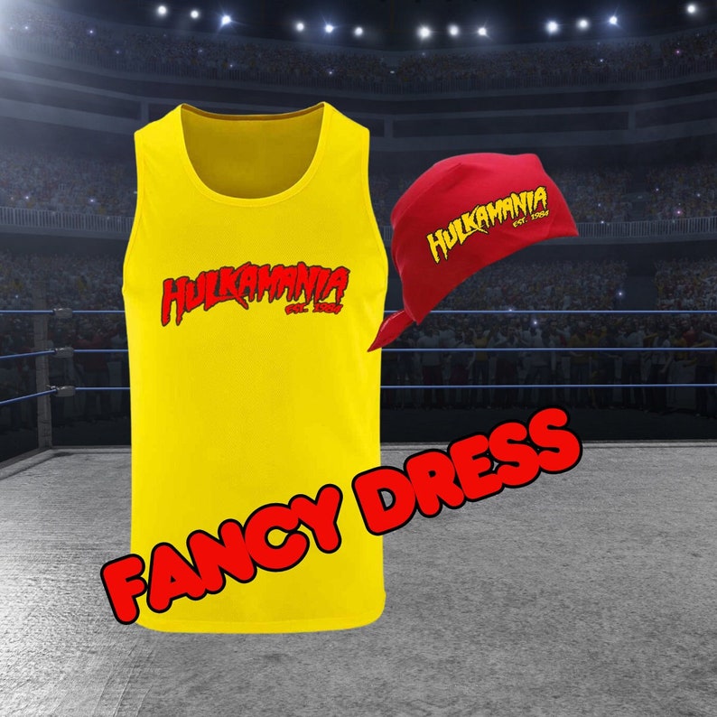 Wrestling Fancy Dress Hulk Hogan Inspired Vest & Bandana Costume Funny Stag Do Just for Fun Party immagine 1