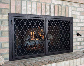AMS Open haard AMSFPD-22-R-3623, Trabuco rechthoekige open haard scherm, deur, gaas scherm achterkant, smeedijzer