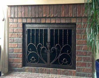 AMS Fireplace, The Clad Rectangular Fireplace Screen, Door, Mesh Screen Backing, Wrought Iron