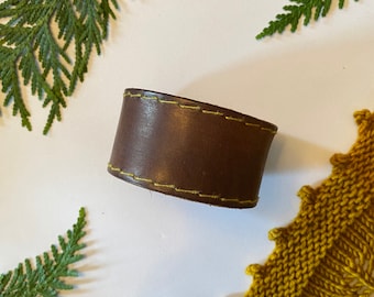 Upcycled Leather Shawl/Cowl Cuff from Knox Mountain Knit Co. - Original - yellow stitching on brown leather, nickel hardware