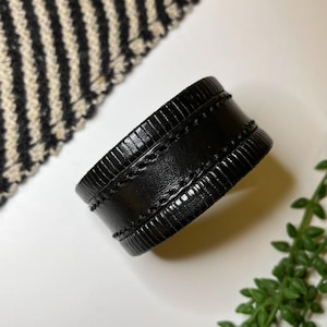 Upcycled Leather Shawl/Cowl Cuff from Knox Mountain Knit Co. - Original - stitched black leather, nickel hardware