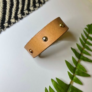 Upcycled Leather Shawl Cuff, Cowl Cuff from Knox Mountain Knit Co. - Light - brown leather, nickel hardware, approx. 7&quot; / 18cm