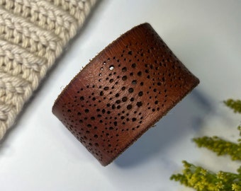 Upcycled Leather Shawl/Cowl Cuff from Knox Mountain Knit Co. - Original - brown leather, antique copper hardware