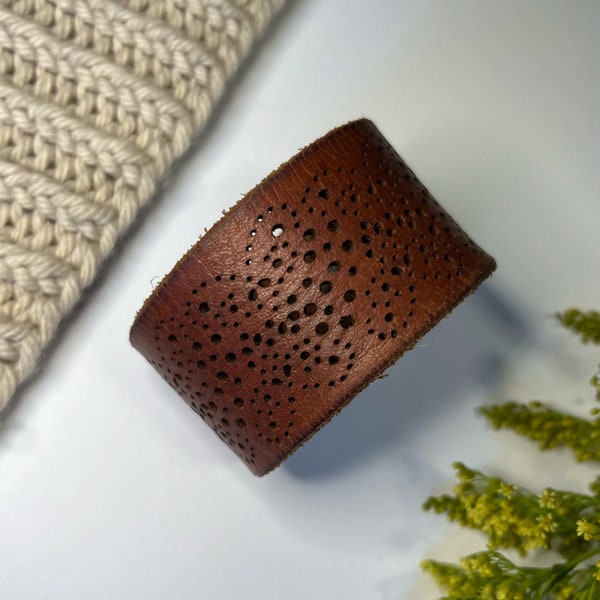 Upcycled Leather Shawl/Cowl Cuff from Knox Mountain Knit Co. - Original - brown leather, antique copper hardware