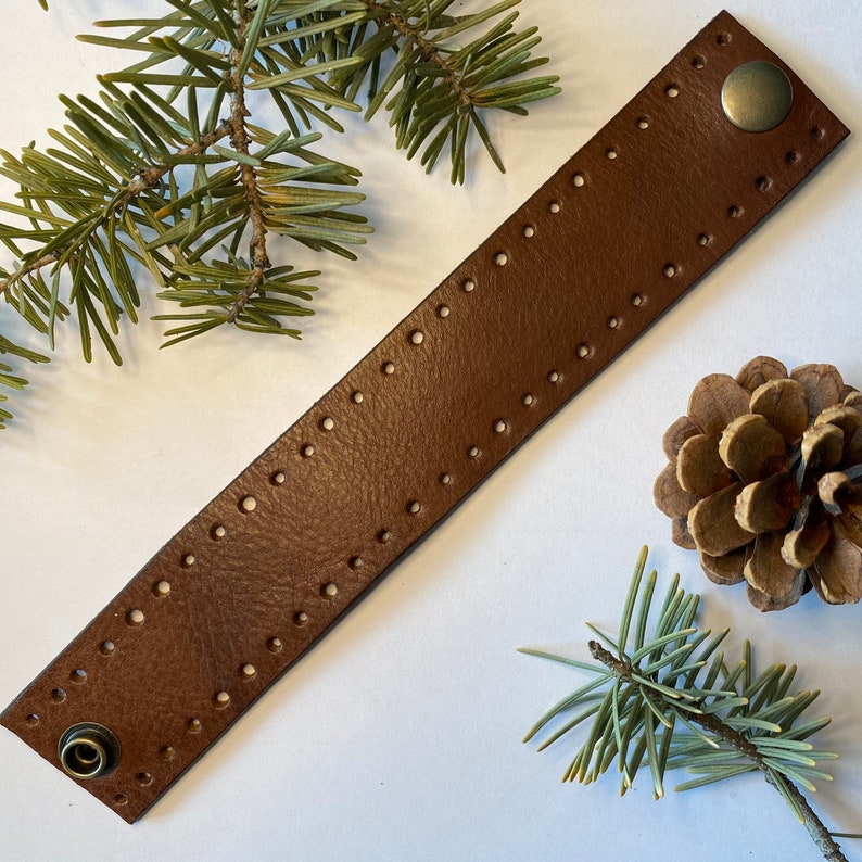 punched brown - Original antique brass snap Upcycled Leather ShawlCowl Cuff from Knox Mountain Knit Co