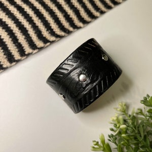 Upcycled Leather Shawl/Cowl Cuff from Knox Mountain Knit Co. - Light - black leather, nickel hardware, approx. 6.25&quot; / 16cm