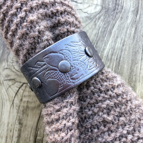 Upcycled Leather Shawl/Cowl Cuff from Knox Mountain Knit Co. - Original - pewter painted leather, acorns, gunmetal snap and studs