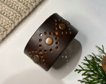 Upcycled Leather Shawl/Cowl Cuff from Knox Mountain Knit Co. - Original -  geometric dark brown leather, antique copper snap