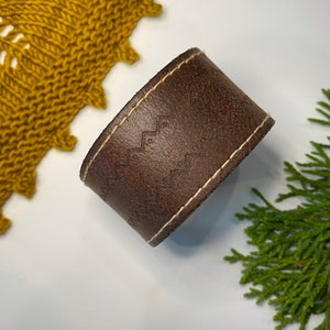 Upcycled Leather Shawl/Cowl Cuff from Knox Mountain Knit Co. - Original - stitched brown leather, antique copper hardware