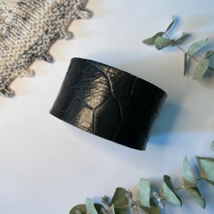 Upcycled Leather Shawl/Cowl Cuff from Knox Mountain Knit Co. - Original - textured black leather, nickel hardware