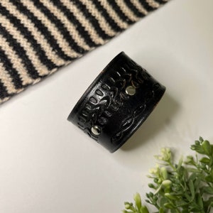 Upcycled Leather Shawl/Cowl Cuff from Knox Mountain Knit Co. - Light - black leather, nickel hardware, approx. 6&quot; / 15.25cm