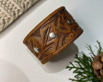 Upcycled Leather Shawl/Cowl Cuff from Knox Mountain Knit Co. - Original -  embossed roses on brown leather, nickel snap
