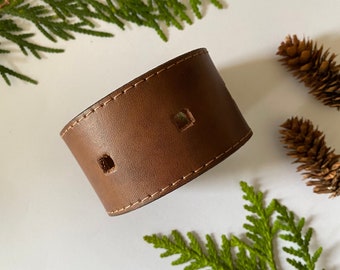 Upcycled Leather Shawl/Cowl Cuff from Knox Mountain Knit Co. - Original - punched brown, antique brass hardware