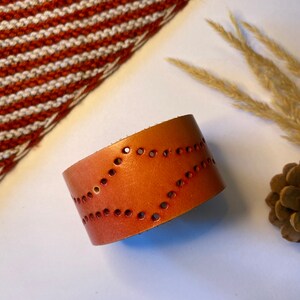 Upcycled Leather Shawl/Cowl Cuff from Knox Mountain Knit Co. - Original - punched red leather, nickel hardware