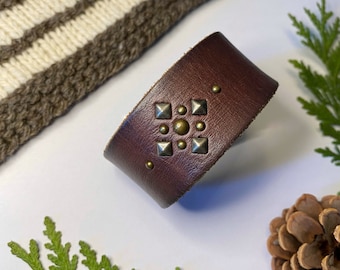 Upcycled Leather Shawl/Cowl Cuff from Knox Mountain Knit Co. - Original -embellished brown leather, antique brass