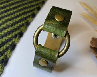 Leather Shawl/Cowl Cuff from Knox Mountain Knit Co. - Slim Ring - fern green leather - antique brass ring and hardware