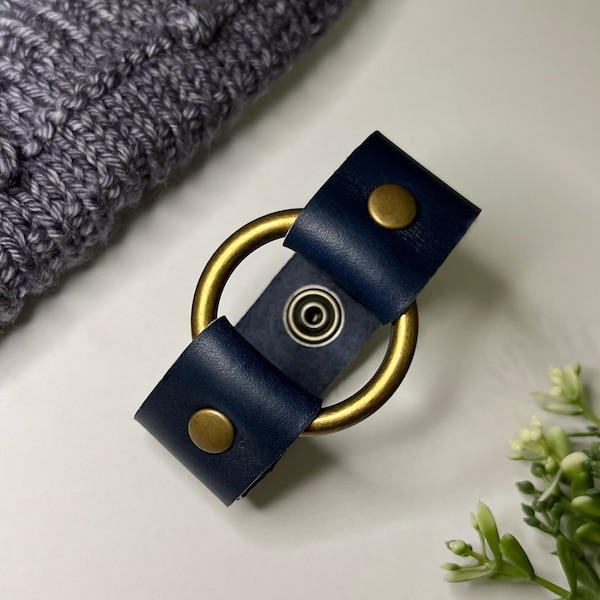 Leather Shawl Cuff, Cowl Cuff from Knox Mountain Knit Co. - Original Ring - navy blue, antique brass hardware