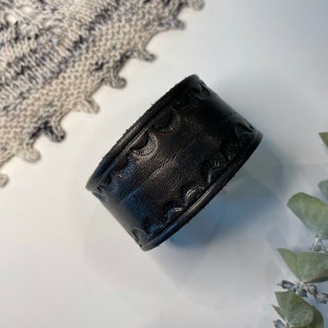 Upcycled Leather Shawl/Cowl Cuff from Knox Mountain Knit Co. - Original - tooled painted black leather, nickel