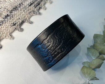 Upcycled Leather Shawl/Cowl Cuff from Knox Mountain Knit Co. - Original - embossed eagle on black leather, nickel