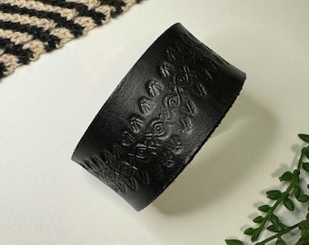 Upcycled Leather Shawl Cuff, Cowl Cuff from Knox Mountain Knit Co. - Original - embossed black leather, nickel hardware