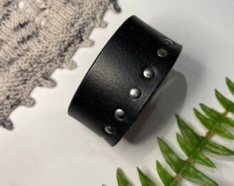 Upcycled Leather Shawl/Cowl Cuff from Knox Mountain Knit Co. - Original - black leather, nickel hardware