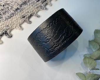 Upcycled Leather Shawl/Cowl Cuff from Knox Mountain Knit Co. - Original - embossed eagle on black leather, nickel