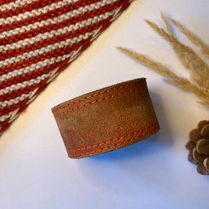 Upcycled Leather Shawl/Cowl Cuff from Knox Mountain Knit Co. - Original - rustic red/brown leather, nickel hardware