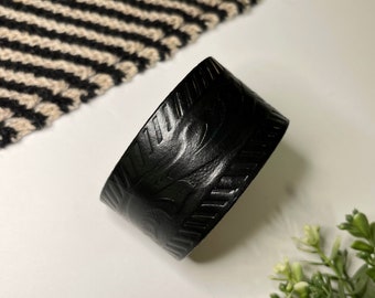 Upcycled Leather Shawl Cuff, Cowl Cuff from Knox Mountain Knit Co. - Original - embossed black leather, nickel hardware