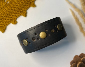 Upcycled Leather Shawl/Cowl Cuff from Knox Mountain Knit Co. - Original - studded, punched black leather, antique brass hardware