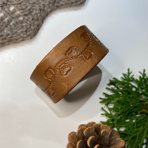 Upcycled Leather Shawl/Cowl Cuff from Knox Mountain Knit Co. - Original - embossed vine on brown leather, nickel hardware