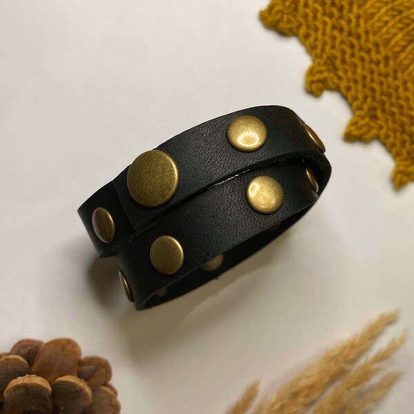 Upcycled Leather Shawl Cuff, Cowl Cuff from Knox Mountain Knit Co. - Double Wrap - black with antique brass hardware
