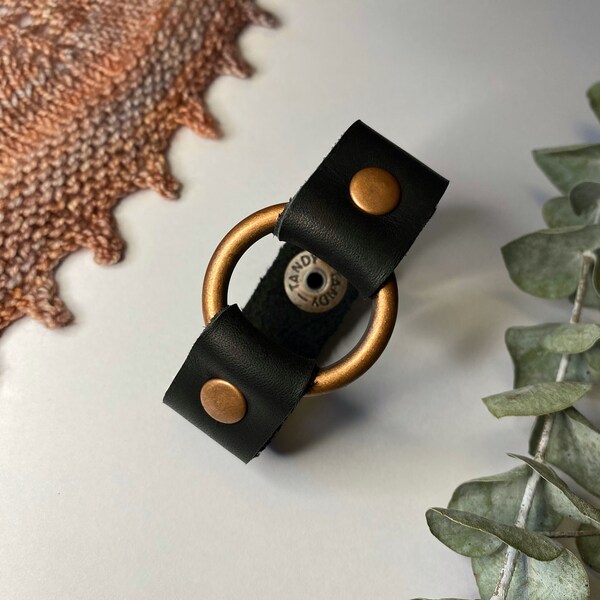 Leather Shawl/Cowl Cuff from Knox Mountain Knit Co. - Light Ring - black leather, antique copper, 6.5" / 16cm