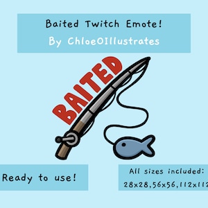 May include: A red and white cartoon fishing rod with the word "BAITED" written on it. A blue cartoon fish is on the end of the line. The text "Ready to use!" and "All sizes included: 28x28, 56x56, 112x112" is also included in the image.