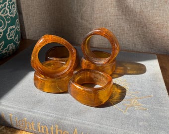 Vintage Set of 6 Amber Gold Blown Art Glass Bubble Glass Napkin Rings