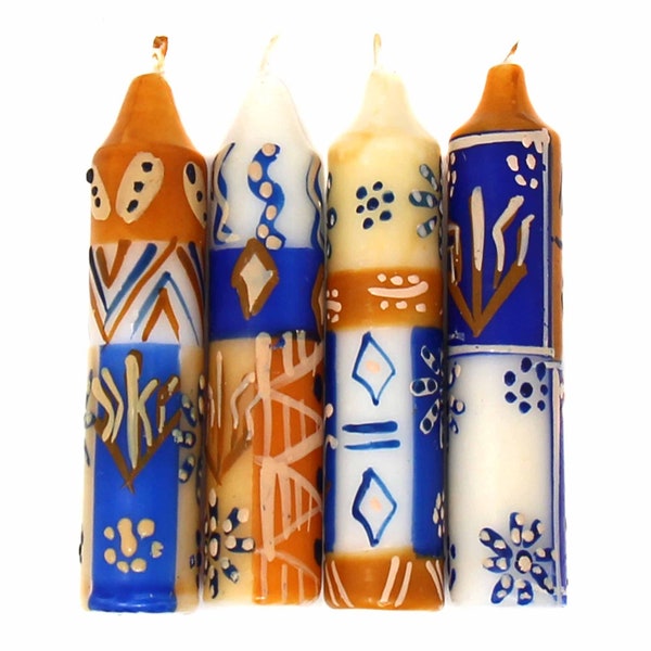 African Hand-Painted Blue & Orange 4" Dinner or Shabbat Candles, Set of 4  (Durra Design) *