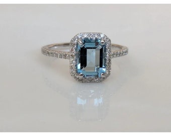 Aquamarine and Diamond Halo Ring, 14K Gold, Emerald Cut-Extraordinary!