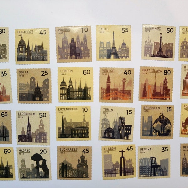 45 Briefmarken Hauptstädte/Sehenswürdigkeiten Europas Sticker-Set, fürs Journaling geeignet (2) - Prag,  Rom,  Madrid,  Budapest, Bukarest