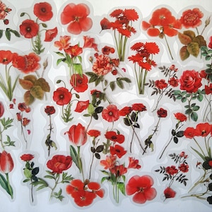 40 autocollants transparents en forme de fleur rouge, autocollants artisanaux, coquelicots, journal de Pâques, roses washi