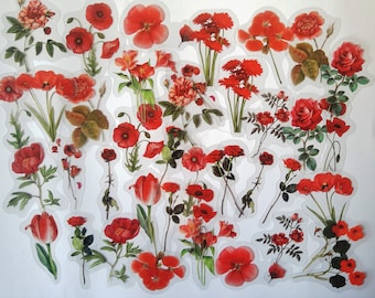 40 autocollants transparents de fleurs rouges, coquelicot artisanal, journal de pâques, roses washi
