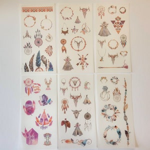 Lot de 6 feuilles d'autocollants décoratifs en plumes - autocollants Washi Bujo attrape-rêves indien plumes été